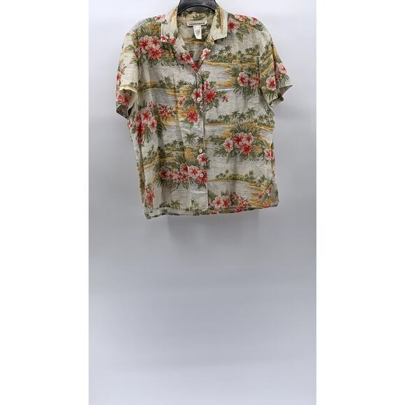 JONES NEW YORK SPORT Women's Tan Linen Floral Button-Up Short Sleeve Top SZ L - Picture 1 of 9